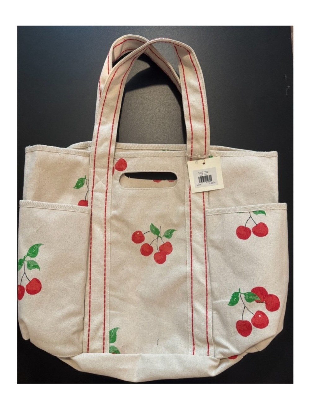 Sol and Mer nwt Cream Cherry-Print Canvas Tote with Red Accents